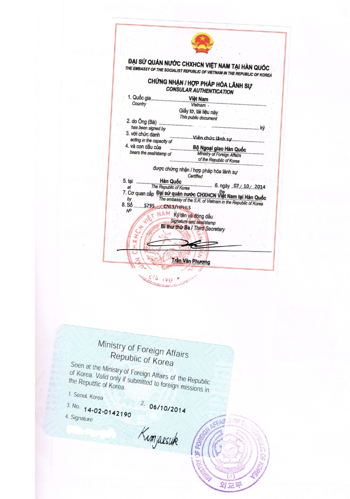 Hợp Pháp Hóa Lãnh Sự Hàn Quốc – Dịch Thuật Asean 3 Con dấu