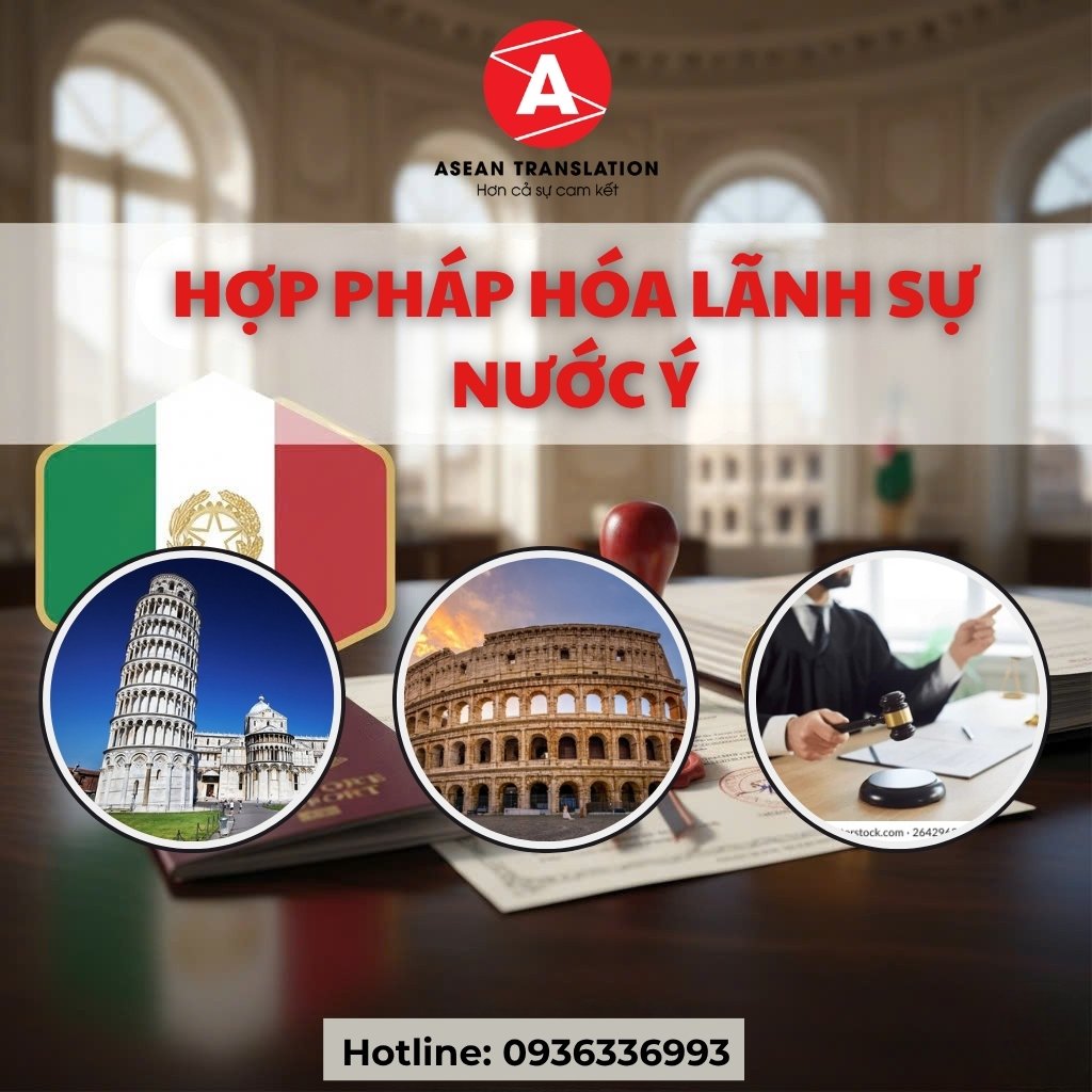 Hợp Pháp Hóa Lãnh Sự Nước Ý Dịch Thuật Asean 1 Bạn đang cần hợp pháp hóa lãnh sự Ý để giấy tờ cá nhân hoặc hồ sơ học tập, lao động được công nhận hợp pháp tại Italia? Thủ tục này khá phức tạp, đòi hỏi sự chính xác cao. Với nhiều năm kinh nghiệm, Dịch Thuật Asean cam kết hỗ trợ bạn dịch thuật, công chứng và hợp pháp hóa lãnh sự nhanh chóng, uy tín, đúng quy định