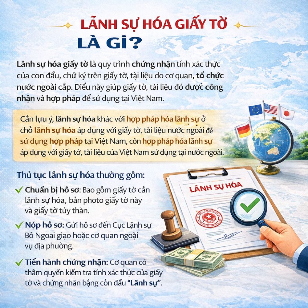 Quy trình lãnh sự hóa giấy tờ để sử dụng hợp pháp tại nước ngoài.