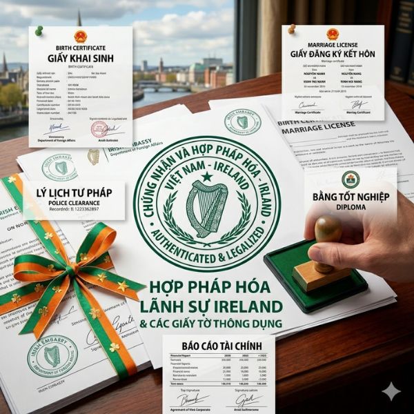 Mẫu tem Apostille được sử dụng trong quy trình đơn giản hóa hợp pháp hóa lãnh sự Ireland.